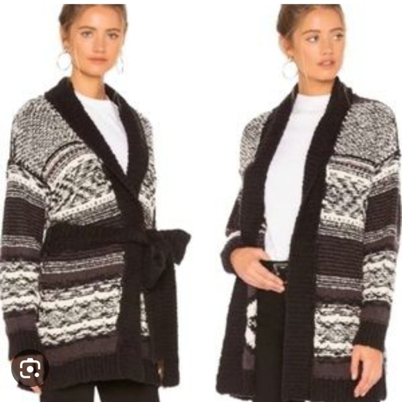 Free People M blk white inside out oversized knit tie waist cardigan. NWT - Picture 1 of 12